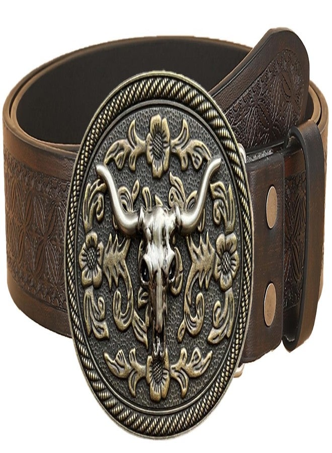Wojgzon Western Cowboy Cowgirl Belt for Men Women - Embossed PU Leather Longhorn Bull Buckle Country Belt for Jeans 31-35" waist - Image 1